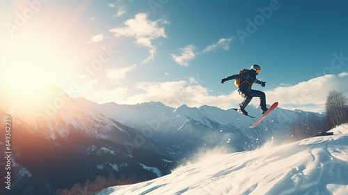 A young man play a snowboard on winter time, jumping in the air, background is a mountain. © Santy Hong