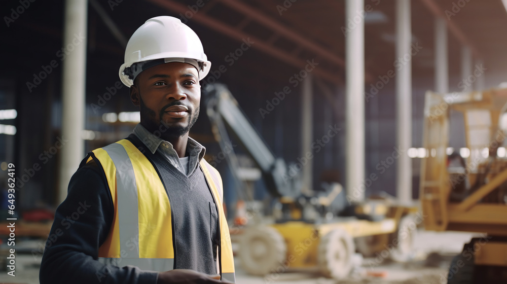 Attractive African American engineer at work on construction site. - obrazy, fototapety, plakaty 