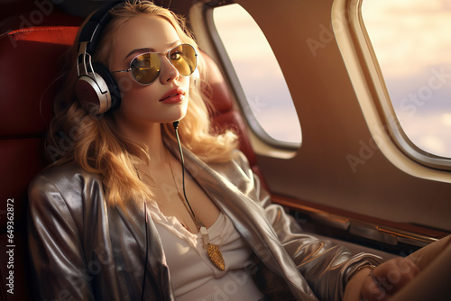 Beautiful young woman listening to music through the headphones in a private jet © arhendrix