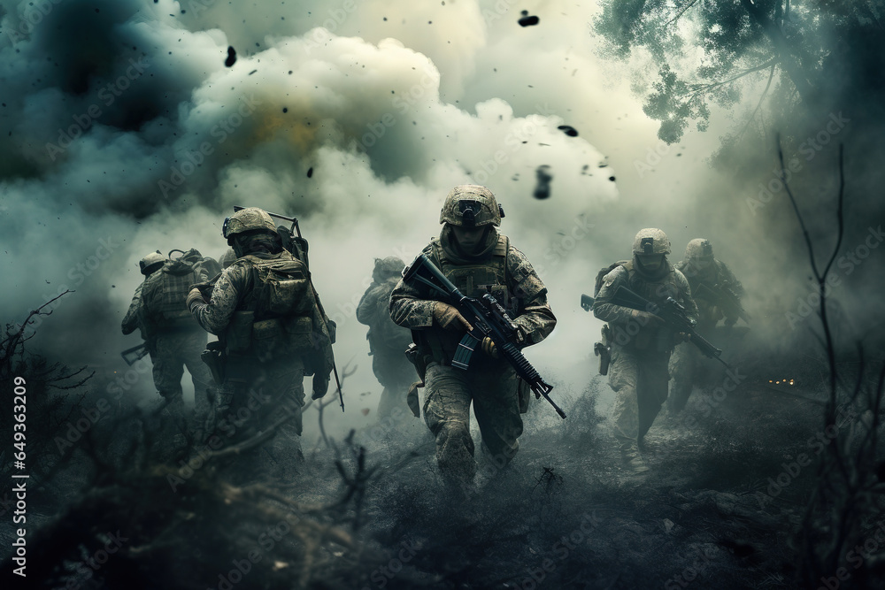 Battle of the military in the war. Military troops in the smoke - obrazy, fototapety, plakaty 