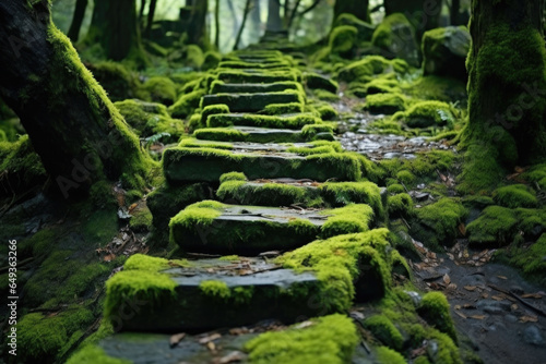 A moss covered old stone pathway in a forest. Mystic atmosphere. Generative AI