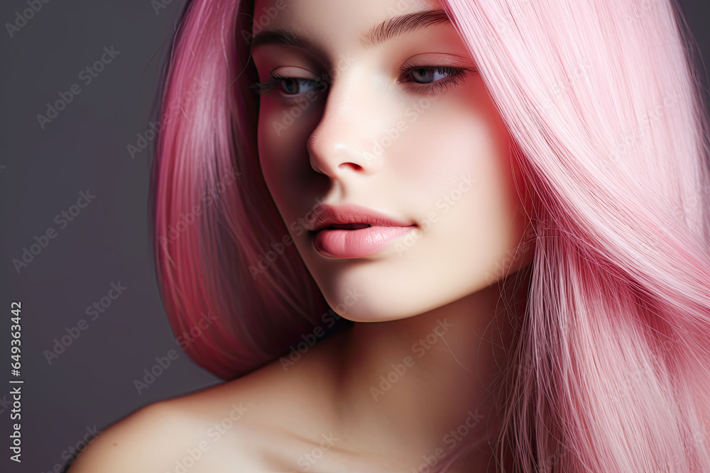Close up of a woman with healthy straight pink hair, National Hair Day banner Close up of a woman with healthy straight pink hair, National Hair Day banner