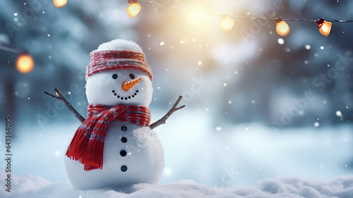 Merry christmas and happy new year greeting card with smiling joyful snowman on winter background. © Santy Hong