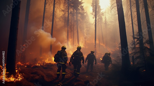 Team of brave firefighters while putting out a forest fire.