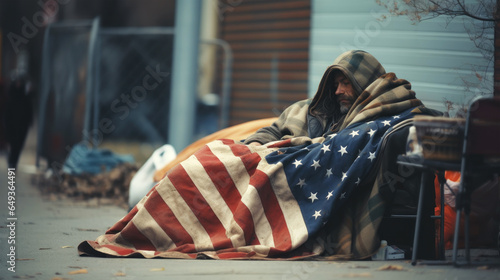 Poor homeless man sleeping on cold street beside all his belongings and covering himself with USA flag as a blanket