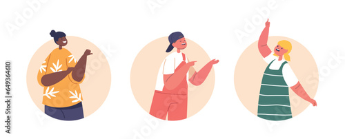 Isolated Round Icons Or Avatars With Children Characters Pointing Fingers. Curious Boys And Girls Directing Attention