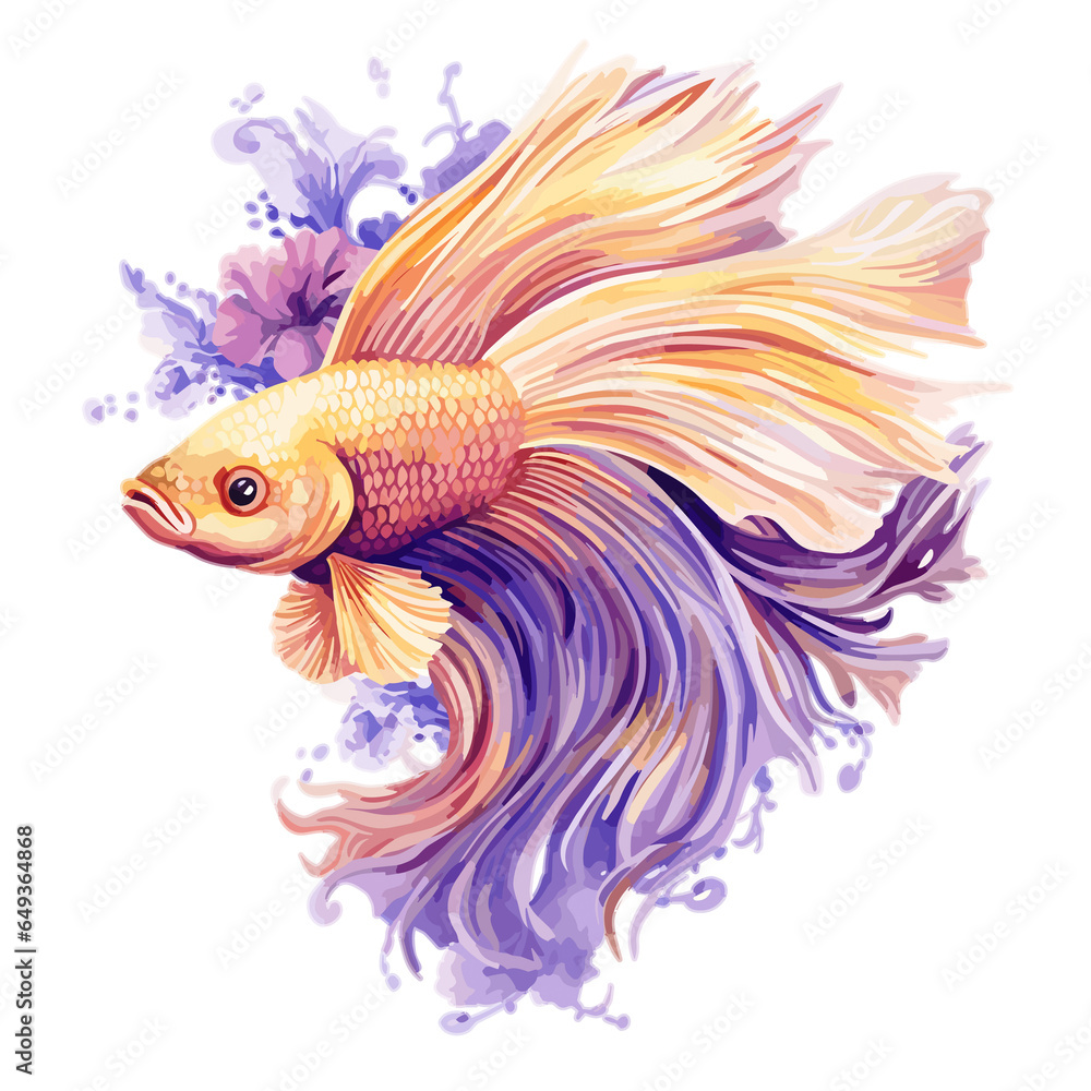 Fototapeta premium Yellow and purple Floral Fighter Fish floral fighter , PNG, Illustration