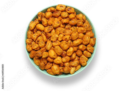 Traditional Indian snacks Peanut masala or Masala in - colored bowl. crispy and tasty besan or chickpea flour coated spices masala deep-fried, served ideally as tea time snack.