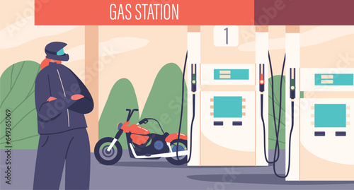 Female Motorcyclist Character Refuels Her Bike At A Gas Station, with Determined Efficiency, Vector Illustration