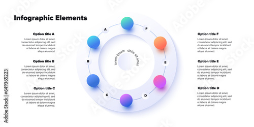 Business process chart infographics with 6 step spheres. Round workflow graphic elements. Company flowchart presentation slide. Vector info graphic in isometric design