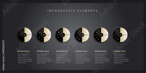 Business process chart infographics with 6 step circles. Round workflow graphic elements. Company flowchart presentation slide. Vector info graphic in flat design