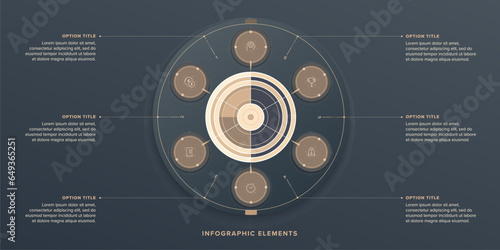 Business process chart infographics with 6 step circles. Round workflow graphic elements. Company flowchart presentation slide. Vector info graphic in flat design