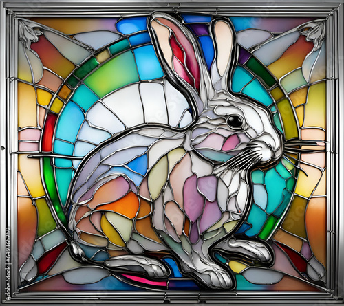 Abstract stained glass style painting with silver frames depicting rabbit in rainbow colors