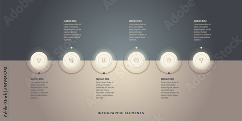 Business process chart infographics with 6 step circles. Round workflow graphic elements. Company flowchart presentation slide. Vector info graphic in flat design