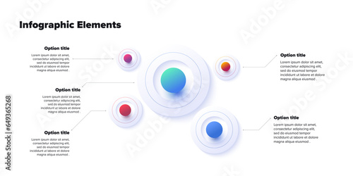 Business process chart infographics with 5 step spheres. Round workflow graphic elements. Company flowchart presentation slide. Vector info graphic in isometric design