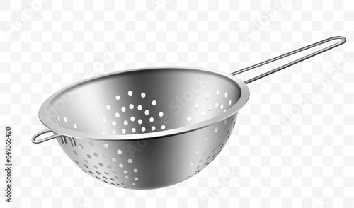 Metallic colander for cooking (kitchenware collection). Isolated on transparent background. Realistic 3D vector illustration. Utensils for cooking