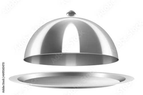 Metal food cloche isolated on white background. Open Stainless Steel Cloche Food Cover Dome Serving Plate Dish Dining Dinner Platter. Realistic 3d vector illustration