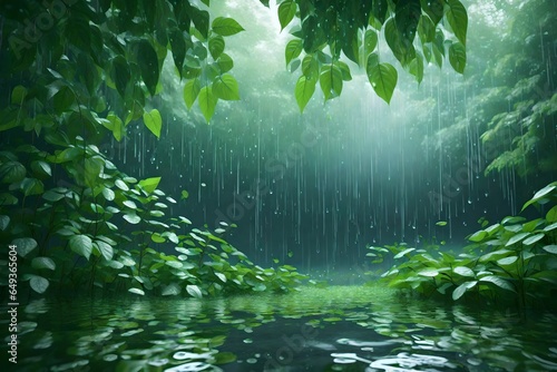 3D-rendered scene featuring lush green leaves glistening with raindrops as they fall from the sky, capturing the refreshing beauty of a rainy day in nature..