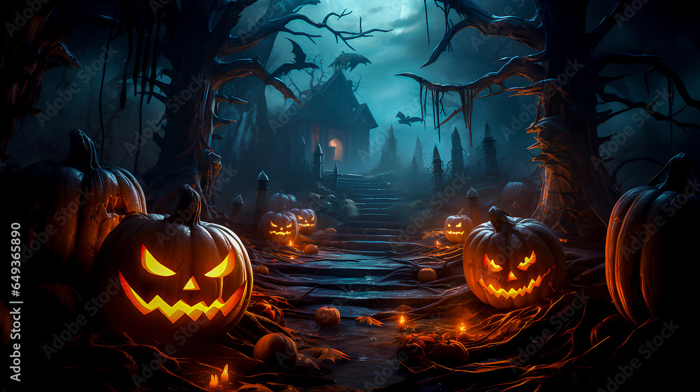 Halloween background with pumpkins and haunted house. Halloween background with Evil Pumpkin. Spooky scary dark Night forest. Holiday event halloween banner background concept Halloween background with pumpkins and haunted house. Halloween background with Evil Pumpkin. Spooky scary dark Night forest. Holiday event halloween banner background concept