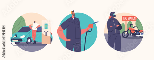 Isolated Round Icons or Avatars of Gas Station Workers and Drivers Fuel Vehicles with Petroleum and Electric Energy