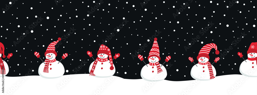 Happy snowmen rejoice in winter holidays. Seamless border. Christmas ...