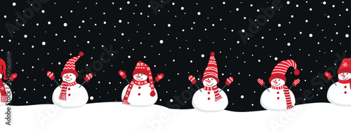 Happy snowmen rejoice in winter holidays. Seamless border. Christmas background. Five different snowmen in red winter clothes under the snow. Greeting card template. Vector illustration