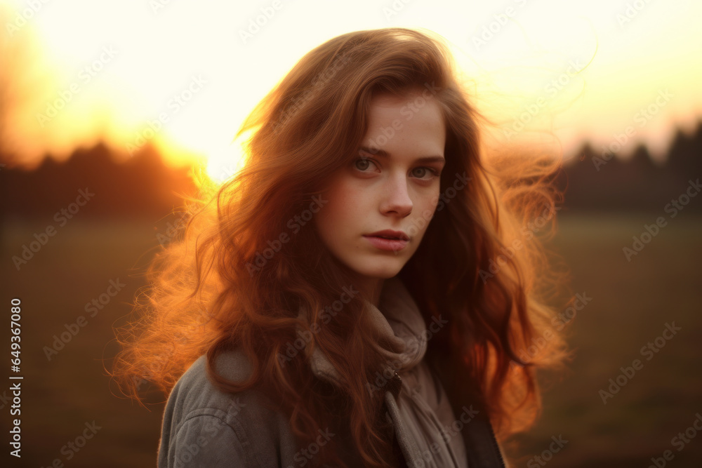 Beautiful red-haired young woman in the sunset rays. Beautiful red-haired young woman in the sunset rays.