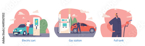 Isolated Elements with Gas Station Workers and Customer Characters Fuel Vehicles with Electric Energy or Gasoline