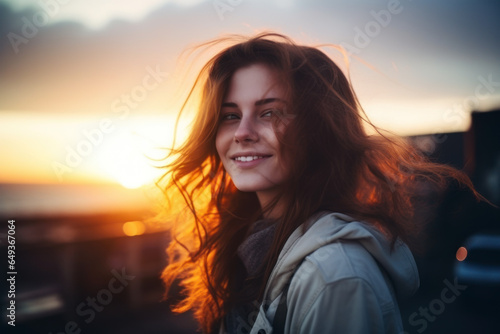 Beautiful red-haired young woman in the sunset rays. © July P
