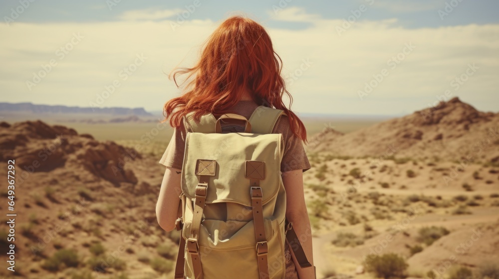Young girl with red hair and a sand brown leather backpack staring at the vast open desert landscape, ready to start her grueling hike and travel under hot the summer sun.   - obrazy, fototapety, plakaty 