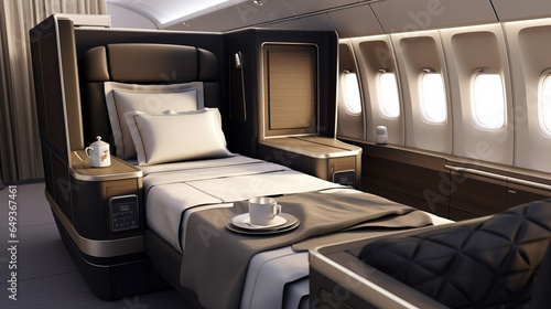 interior of a luxurious business class airplane sector created with Generative AI technology