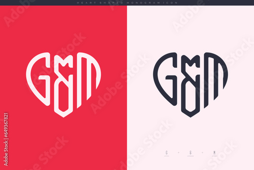 Initial GM letters with red heart and love logo flat icon monogram concept