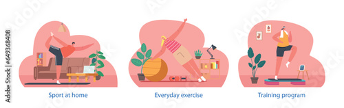 Male And Female Characters Embracing Active Lifestyles, Engaging In Sports Exercises At Home, Vector Illustration