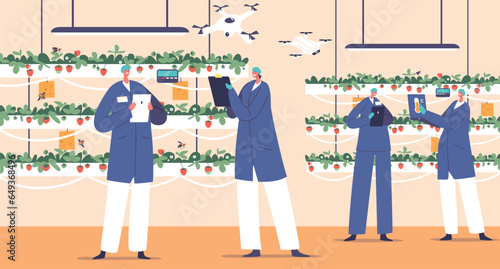 Worker Characters Use Automation Technology For Strawberry Production, Integration Of Iot Tech To Optimize Processes