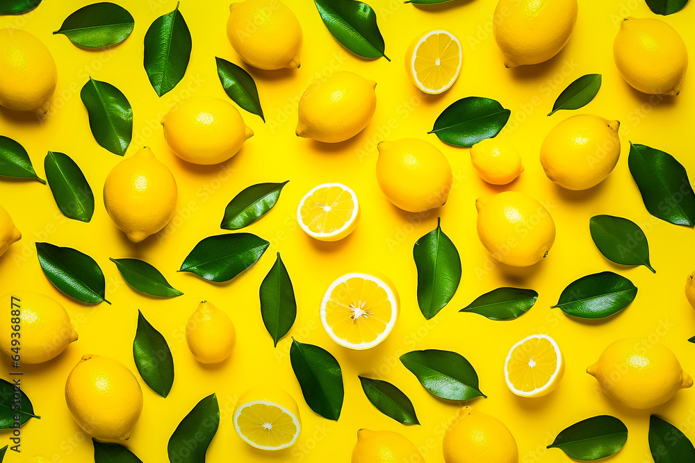 Papier peint avec citron entier, citron coupé et feuilles, vu de dessus Papier peint avec citron entier, citron coupé et feuilles, vu de dessus