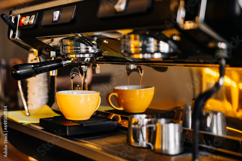 coffee machine making espresso coffee in cafe