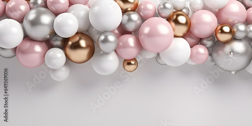 Shiny pink, white, silver and golden balloons on grey background. Card for christmas, wedding, birthday, woman's day, mothers day, valentine's day