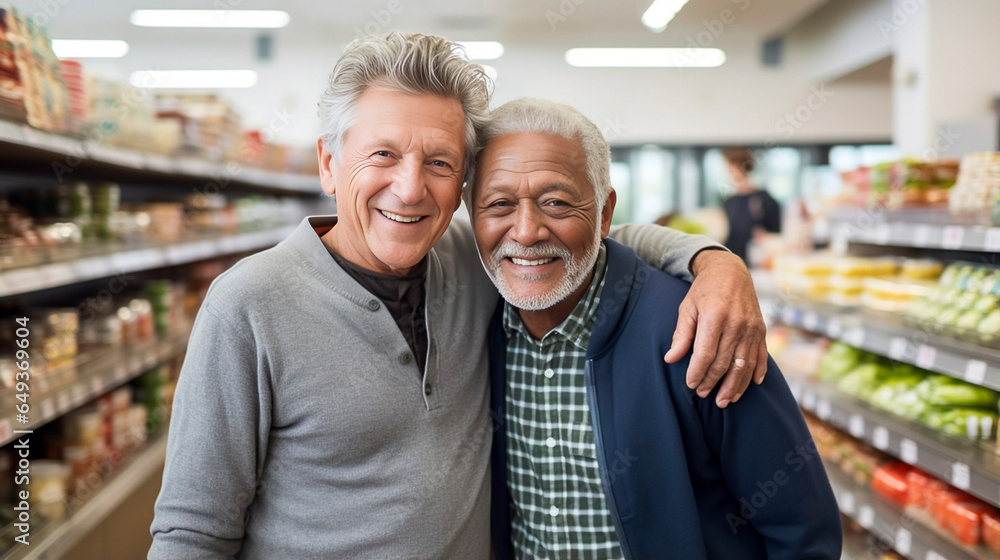 Photo of an elderly gay male couple walking in a grocery store. Grocery shopping indoors. Happy senior gay couple doing groceries shopping. Retired gay couple. - obrazy, fototapety, plakaty 