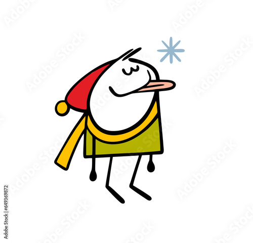 Cute little boy closed his eyes, stuck out his tongue and catches a snowflake. Vector illustration of a child playing in winter in a snowfall.