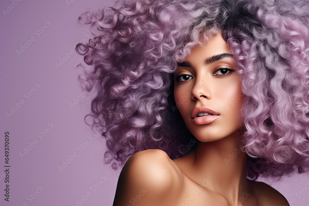 Woman with lilac natural afro-textured curly hair. Healthy hair. 