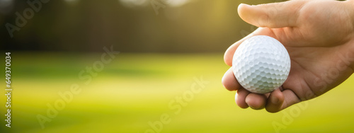 Man holds a golf ball against the backdrop of the course