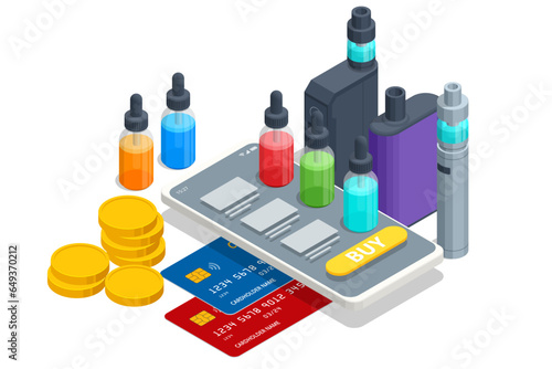 Isometric modern smoking, vaping and nicotine. E-cigarette refills. Liquids for vaping devices