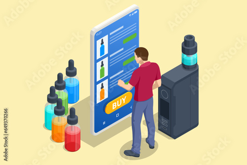 Isometric modern smoking, vaping and nicotine. E-cigarette refills. Liquids for vaping devices