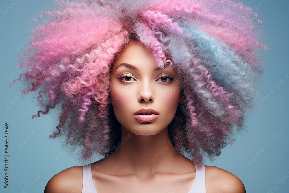 Woman with pink natural afro-textured curly hair. Healthy hair. 