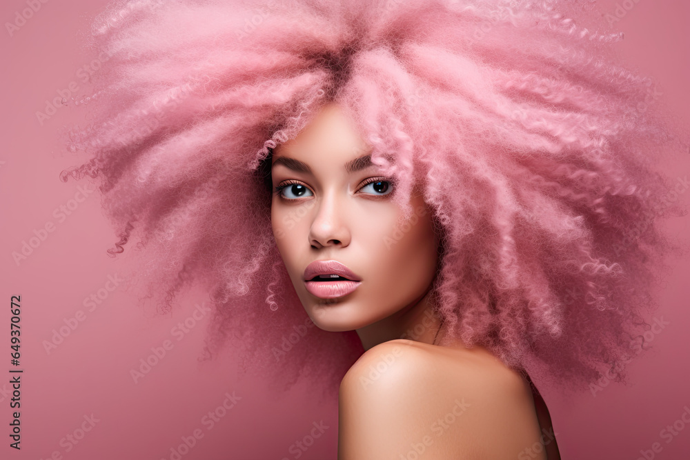 Woman with pink natural afro-textured curly hair. Healthy hair. 