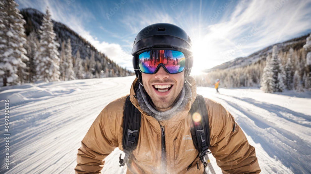 smiling skier, young man, jumping in the snowy mountains on the slope with his ski and professional equipment on a sunny day