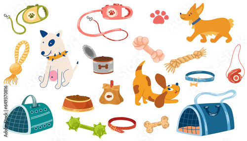 Pet shop assortment, dogs accessories. Set of store supply items for domestic pets, beds, animal food, toys, transportation, collars and feed. Dogs of different breeds. Vector hand draw illustration.