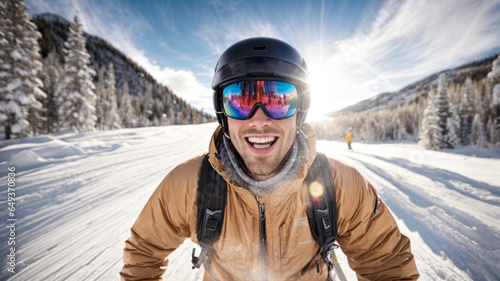 smiling skier, young man, jumping in the snowy mountains on the slope with his ski and professional equipment on a sunny day