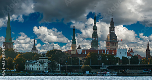 Waterfront morning view on historical district of Riga - the capital city of ...