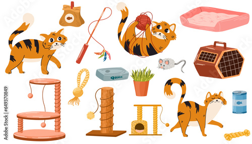 Pet shop assortment, cats accessories. Set of store supply items for domestic pets, beds, animal food, toys, transportation and feed. Vector hand draw illustration.